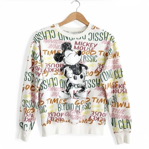 Disney Sweatshirt Mickey Mouse Beyond Classic All Over Graffiti Cream Size XS - Picture 1 of 7